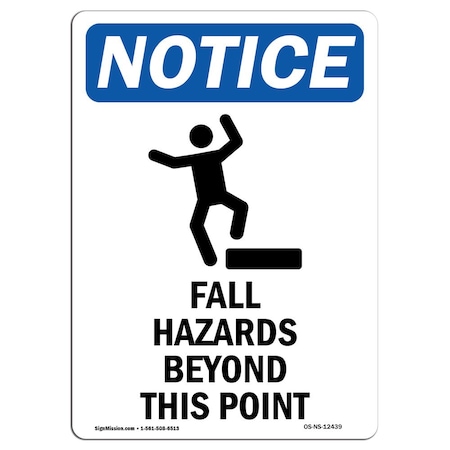 OSHA Notice Sign, Fall Hazards Beyond With Symbol, 5in X 3.5in Decal, 10PK